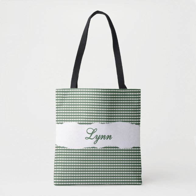 Bolso De Tela Classic Green & White Gingham | Personalized Name (Anverso)