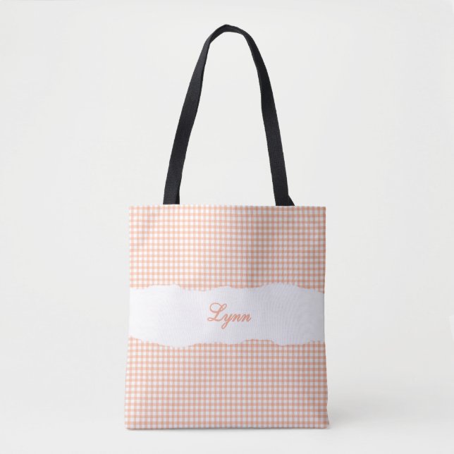 Bolso De Tela Classic Orange & White Gingham | Personalized Name (Anverso)
