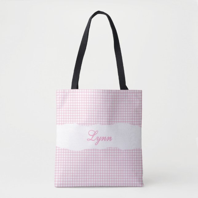 Bolso De Tela Classic Pink & White Gingham | Personalized Name (Anverso)