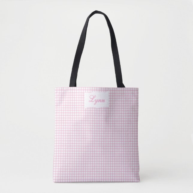 Bolso De Tela Classic Pink & White Gingham | Personalized Name (Anverso)