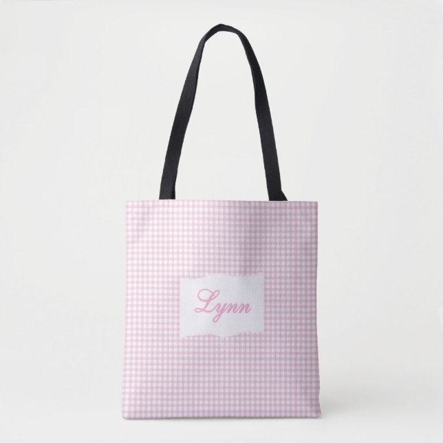 Bolso De Tela Classic Pink & White Gingham | Personalized Name (Anverso)