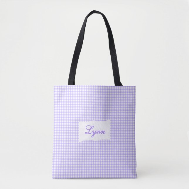 Bolso De Tela Classic Purple & White Gingham | Personalized Name (Anverso)