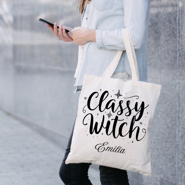 Bolso De Tela Classy Witch Halloween Black Typography Tote Bag (Subido por el creador)