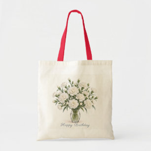 Bolso De Tela Claveles Blancos Feliz Cumpleaños
