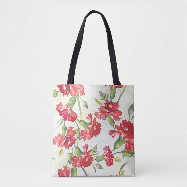 Bolso De Tela Claveles rojos en verde con las mariposas (Anverso)