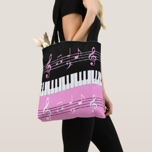 Bolso De Tela Claves y notas de piano blanco negro rosa y estili