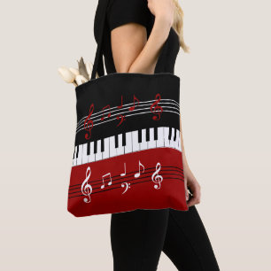 Bolso De Tela Claves y notas de piano blanco rojo y negro