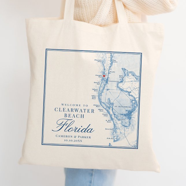 Bolso De Tela Clearwater Beach FL Blue Boda Bienvenida Tote Bag (Clearwater Beach FL Custom Wedding Tote Bag Welcome Bag in Elegant Navy Blue by Coastal Map Designs)