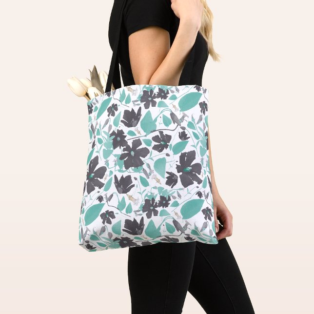Bolso De Tela Clematis Flowers Verde azulado Botánico Floral (Clematis Vine Floral Gray Teal Watercolor Tote Bag from Studio Posies.)