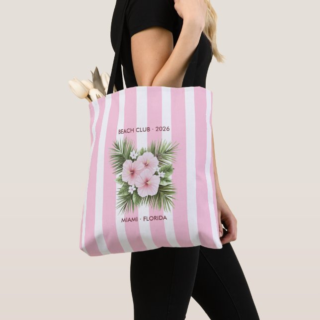 Bolso De Tela Coastal Chic Beach Club Pink Stripe Tropical (Detalle)