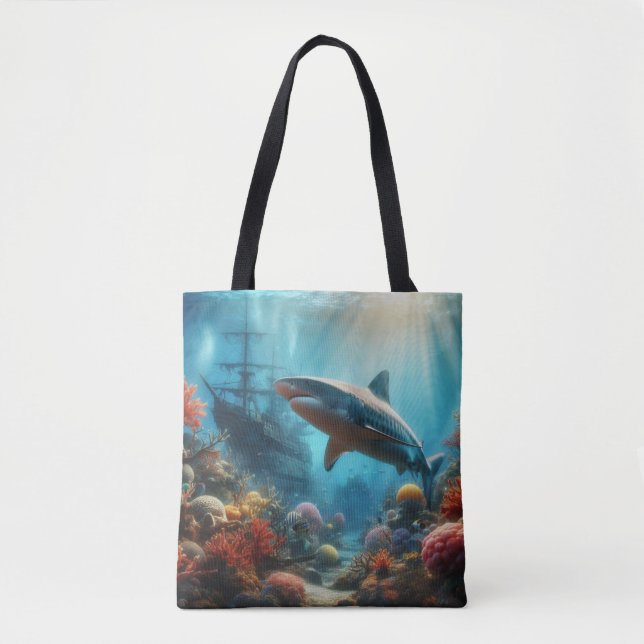 Bolso De Tela Coastal/nautical tiger shark & coral reef (Anverso)