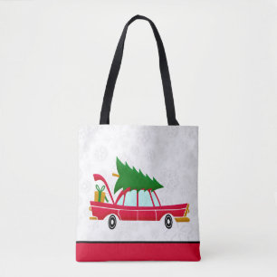 Bolso De Tela Coche rojo retro que lleva un árbol de Navidad