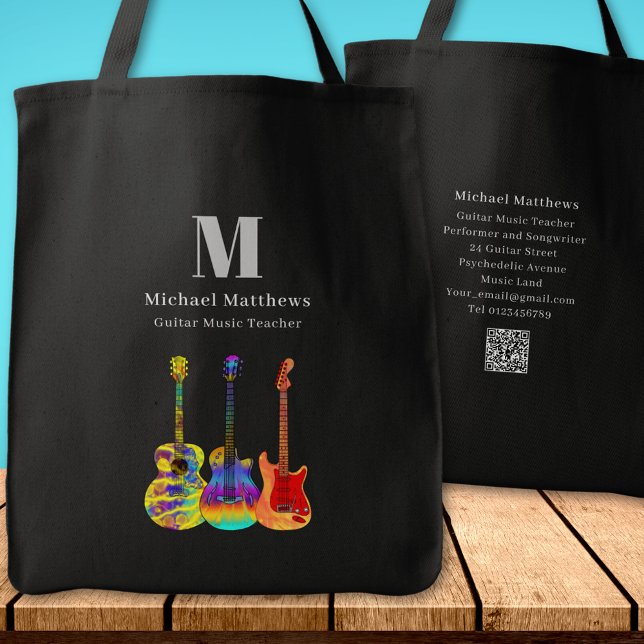 Bolso De Tela Código QR de Tutor de Música Guitarra Personalizad (Guitar teacher music business website QR code custom monogram tote bag)
