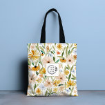 Bolso De Tela Código QR del logotipo de Flores salvajes de color<br><div class="desc">Flores silvestres de color de agua rústico Añadir logotipo Código QR Bolsas de tocador corporativas con un diseño floral de acuarela moderno en naranja, rosa, azul y verde con el logotipo de su empresa personalizado con su código QR personalizado al revés. Perfecto para regalos corporativos, escuela, deportes, gimnasia, viajes y...</div>