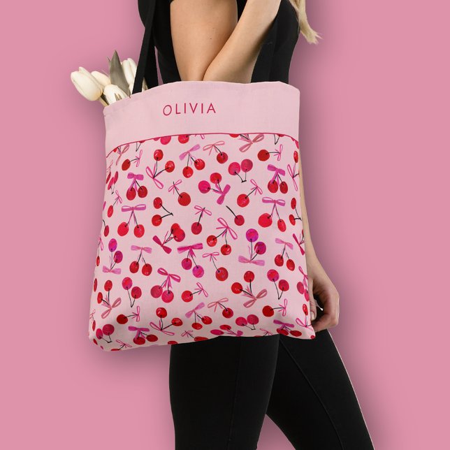 Bolso De Tela Cojín de cereza y lazo (Coquette cherry and bow girly pattern tote bag. Personalize with your own name or initials.)