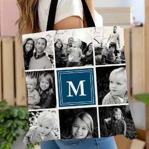 Bolso De Tela Colaje de Fotos Cuadrado Azul Marino Monogramado P