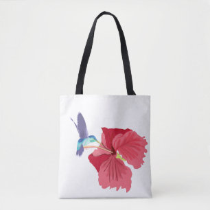 Bolso De Tela Colibrí azul y verde e Hibiscus rojo