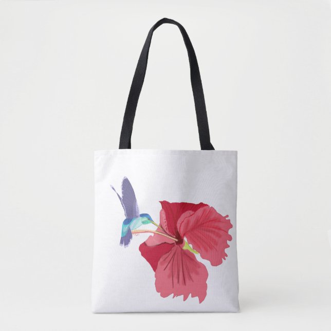 Bolso De Tela Colibrí azul y verde e Hibiscus rojo (Anverso)