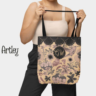Bolso De Tela Colibrí botánica de Art Nouveau rosa vintage