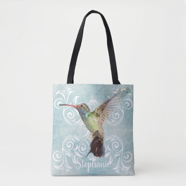 Bolso De Tela Colibrí con fondo floreciente (Anverso)