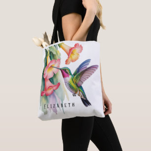 Bolso De Tela Colibrí en acuarela con flores