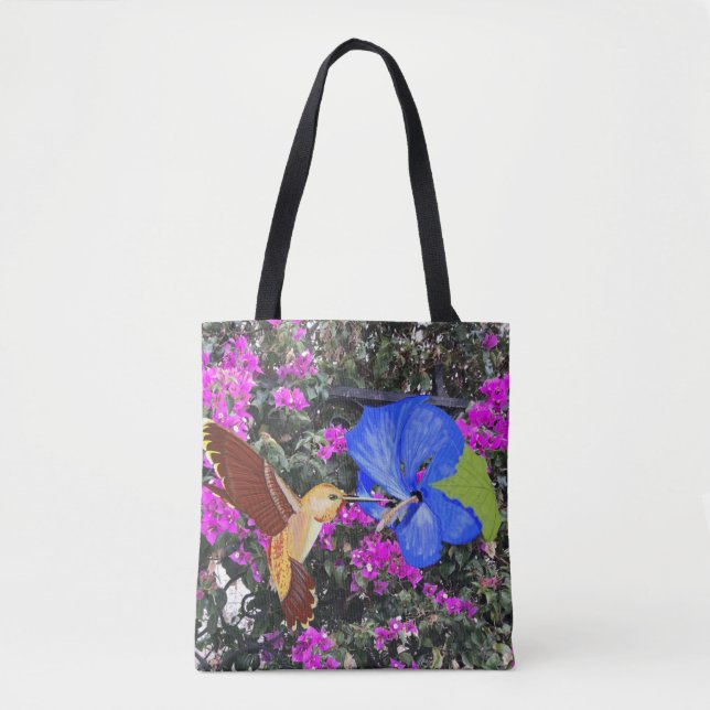 Bolso De Tela Colibrí, Hibiscus azul y Bougainvillea (Anverso)