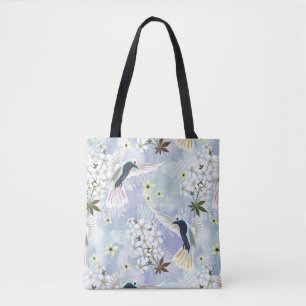 Bolso De Tela Colibrí y flores blancas