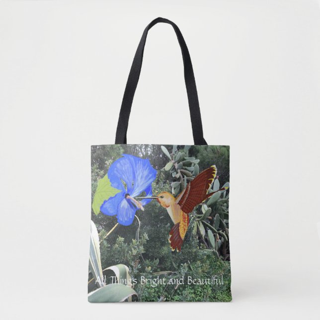 Bolso De Tela Colibrí y Hibiscus azul con plantas tropicales (Anverso)