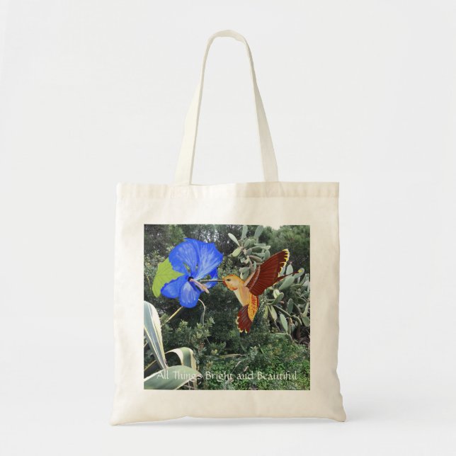 Bolso De Tela Colibrí y Hibiscus azul con plantas tropicales (Frente)