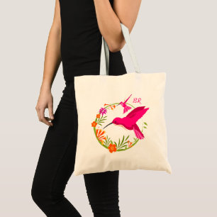 Bolso De Tela Colibríes rosados y flores exóticas monogramadas