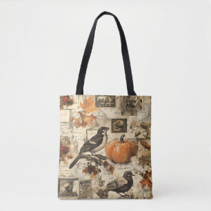 Bolso De Tela Collage de Ephemera de Otoño Vintage Aves Rústic