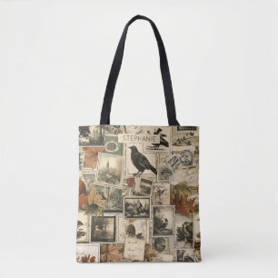 Bolso De Tela Collage de Ephemera de Otoño Vintage   Aves rustic