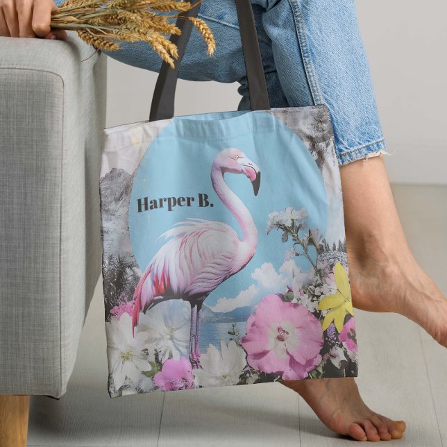Bolso De Tela Collage de flamenco rosa retro (Prepare to "Flamingle" with this retro collage Flamingo design!)