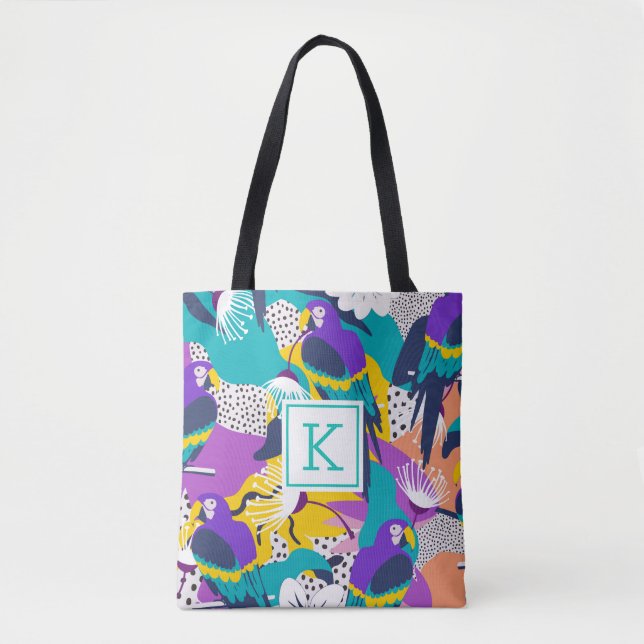Bolso De Tela Collage de flores y aves tropicales (Anverso)