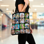 Bolso De Tela Collage de fotos 16 imágenes redondeadas negro<br><div class="desc">Crea tu propio collage de fotos con esta plantilla fácil de usar para 16 imágenes con esquinas redondeadas sobre un fondo negro en el frente. El reverso es un color negro sólido editable. PUNTO DE FOTO: Recortar las fotos en formas cuadradas y/o tener los temas en el centro ANTES de...</div>
