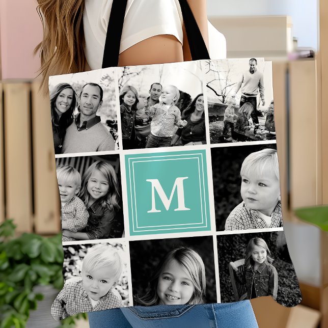 Bolso De Tela Collage de fotos cuadrado Verde azulado Monogramad (Subido por el creador)