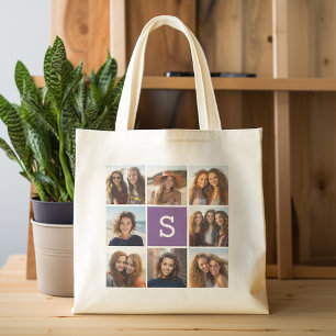 Bolso De Tela Collage de Fotos de Berenjena y Blanco con Monogra