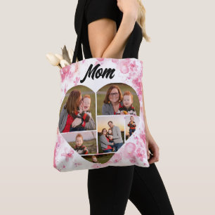 Bolso De Tela Collage de fotos de forma de corazón floral rosa a