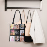Bolso De Tela Collage de fotos de personalizados de 90 años muje<br><div class="desc">Un regalo único para el cumpleaños 90 de una mujer, celebrando su vida con un collage de 8 fotos, fotos propias. Personalice y añada su nombre, edad 90 y fecha. Un fondo negro de moda. Letras y números grises y blancos. El nombre está escrito con una escritura de estilo con...</div>