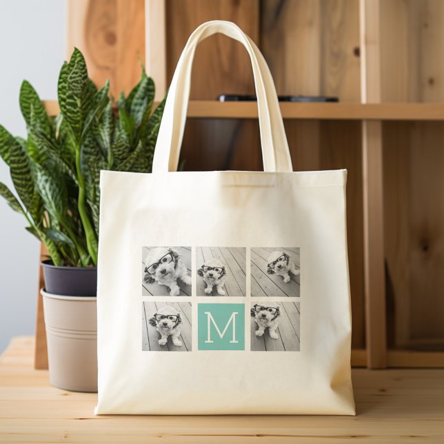 Bolso De Tela Collage de fotos monograma - Hasta 5 fotos Verde a (Personalized tote bag with photos and custom text)