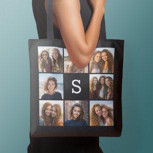 Bolso De Tela Collage de Fotos Personalizado Monograma Blanco Ne