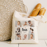 Bolso De Tela Collage de fotos simple y Moda | Amor con corazón<br><div class="desc">Esta bolsa de moda contiene una cuadrícula con fotos con ocho de tus fotos personales, y una moderna tipografía de escritura moderna de moda que dice "amor". También hay un pequeño y elegante corazón con un falso aspecto de oro rosa. Un simple, minimalista pero absolutamente elegante honor a tu madre,...</div>