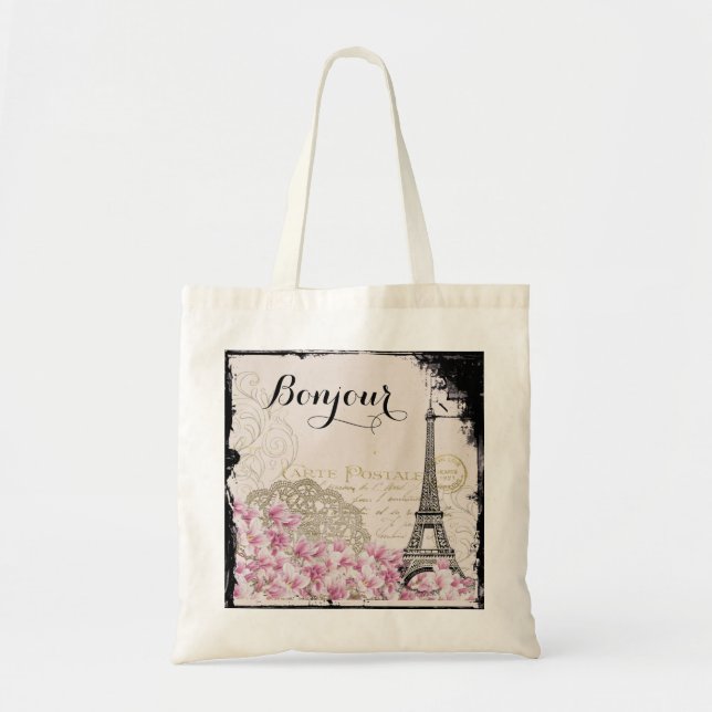 Bolso De Tela Collage de la Torre Eiffel Bonjour con flores (Frente)