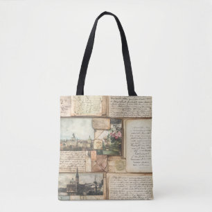 Bolso De Tela Collage de Tarjetas Postales Antiguas con Letras E