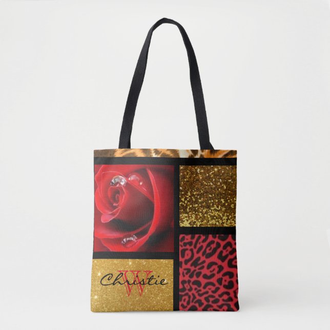 Bolso De Tela Collage del leopardo del oro del purpurina del (Anverso)