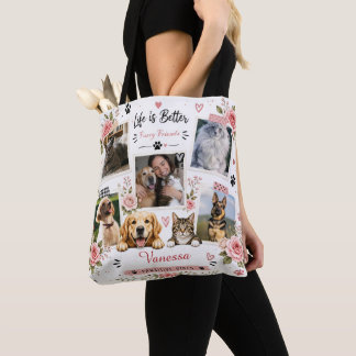 Bolso De Tela Collage Floral de Fotos de Mascotas Personalizadas