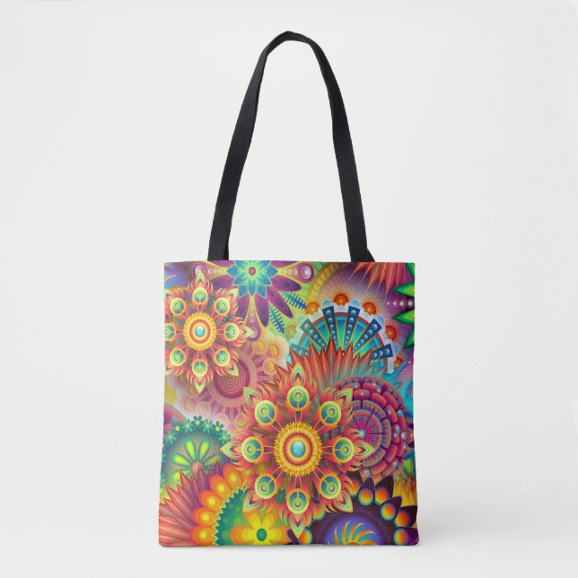 Bolso De Tela Collage Floral Mandala Psicodélico (Anverso)