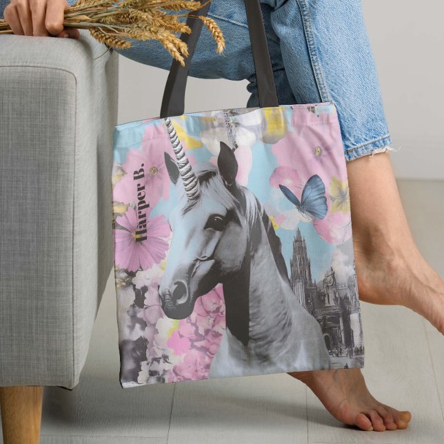 Bolso De Tela Collage retro coqueta rosa y azul de unicornio (Perfect for adding a playful yet sophisticated charm, this tote bag design enhances any ensemble.)