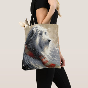 Bolso De Tela Collie con barba con bufanda de invierno a rayas