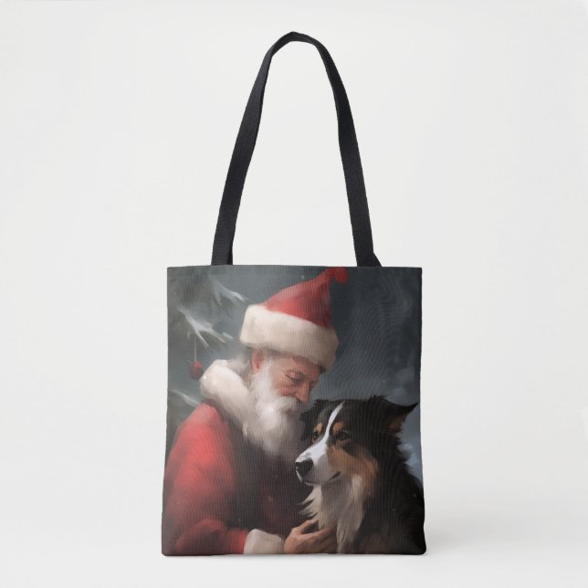 Bolso De Tela Collie fronterizo con Navidades festivos de Santa  (Anverso)